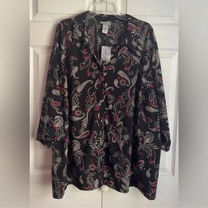 Catherines Black Paisley Print 3/4 Sleeve Button Up Shirt Size 3X NWT